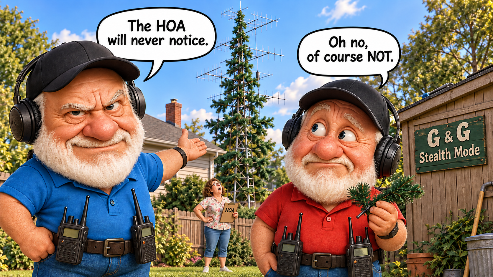Gus boasts that his antenna disguised as a huge tree will escape the HOA, while a neighbor stares in shock.